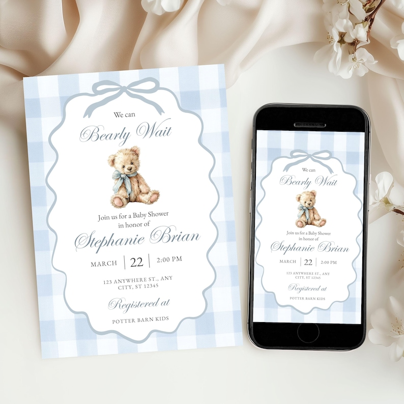 Complete Party Package Digital Baby Shower Blue Teddy Theme Boy Celebration Bundle Printable Invitation Collection Gingham Pattern Design Game Templates Cupcake Toppers Menu Cards Prediction Activities Water Bottle Labels Momosa Bar Sign