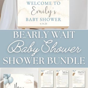 This bear baby shower bundle is editable and includes a We Can Bearly Wait invite bundle in soft blue tones. The boy bear balloon shower game set features a cute teddy bear theme with matching digital signs for a cohesive look.