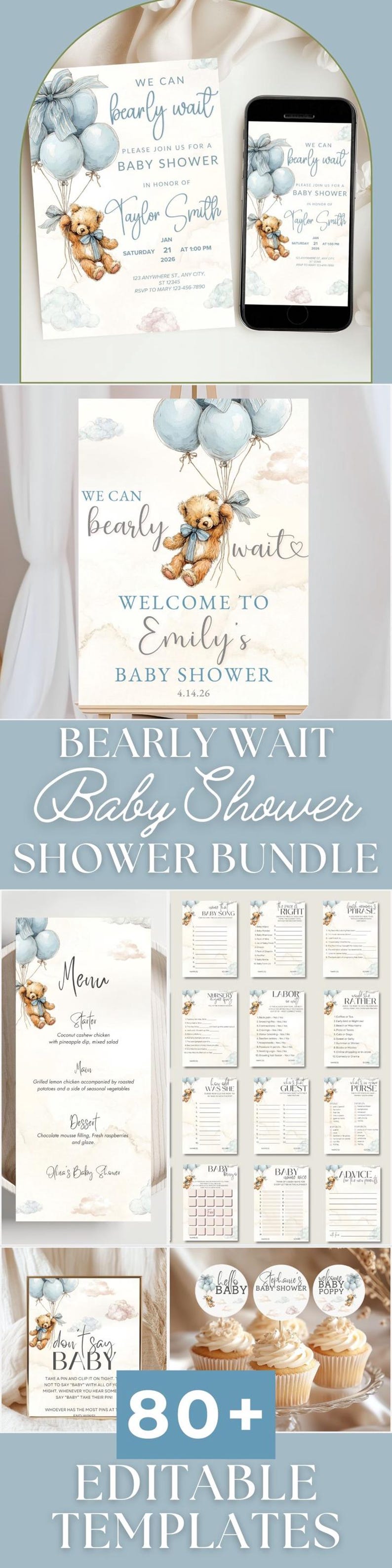 This bear baby shower bundle is editable and includes a We Can Bearly Wait invite bundle in soft blue tones. The boy bear balloon shower game set features a cute teddy bear theme with matching digital signs for a cohesive look.