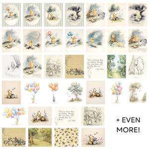 May include: A collection of Winnie the Pooh illustrations featuring watercolour scenes of Pooh Bear, Piglet, Tigger, and Eeyore in the Hundred Acre Wood, including honey pots, balloons, and quotes like You are braver than you believe.
