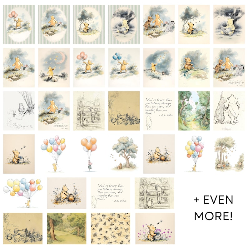 May include: A collection of Winnie the Pooh illustrations featuring watercolour scenes of Pooh Bear, Piglet, Tigger, and Eeyore in the Hundred Acre Wood, including honey pots, balloons, and quotes like You are braver than you believe.