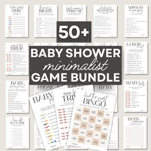 May include: A selection of baby shower games with a minimalist design. The bundle includes various games like trivia, bingo, and quizzes, with a neutral colour palette and text such as "Baby Shower" and "Game Bundle".
