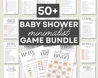 Paquete de juegos minimalistas para baby shower, juego neutral descargable, juego de adivinanzas instantáneo, juego de fiesta con chispas para bebés, letrero moderno para baby shower de niño y niña.