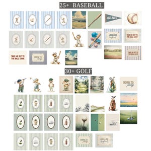 May include: A collection of baseball and golf-themed illustrations. The baseball section includes images of baseballs, bats, and a baseball field. The golf section features golf balls, golf bags, and golf course scenes. Text includes "Born to Play" and "Take Me Out to the Ball Game."