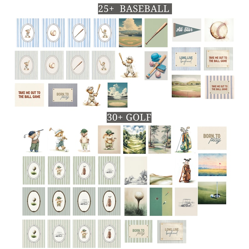 May include: A collection of baseball and golf-themed illustrations. The baseball section includes images of baseballs, bats, and a baseball field. The golf section features golf balls, golf bags, and golf course scenes. Text includes "Born to Play" and "Take Me Out to the Ball Game."