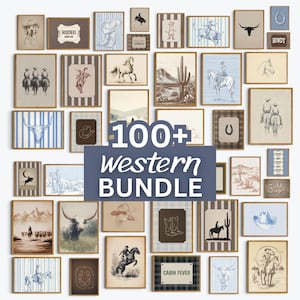 May include: A collection of over 100 wall art prints featuring western themes, including cowboys, horses, cacti, longhorns, and horseshoes in various brown, blue, and cream tones. The central text overlay reads 100+ western BUNDLE.