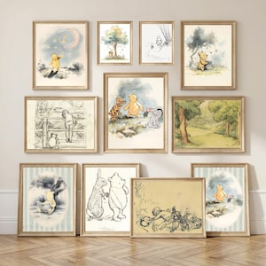 Toddler gallery set featuring vintage-inspired Pooh prints styled in a warm storybook corner.