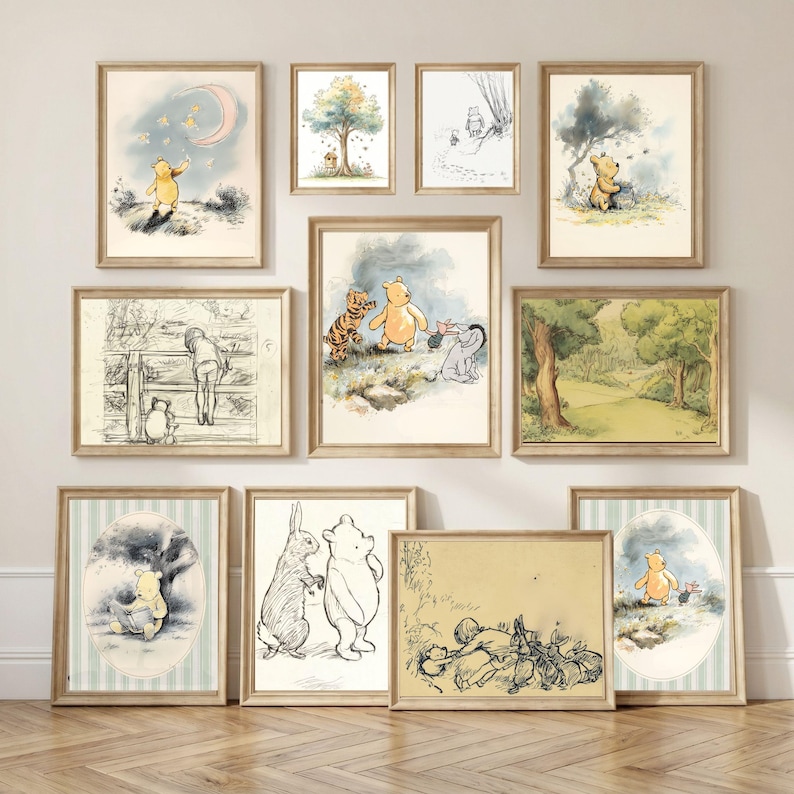 Toddler gallery set featuring vintage-inspired Pooh prints styled in a warm storybook corner.