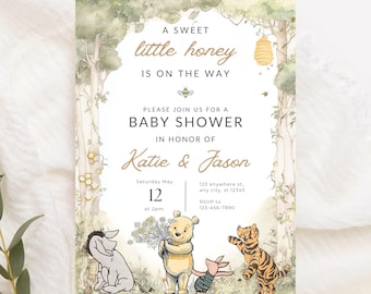 Pooh Bear Baby Shower Invitation Template Digital Download Editable Woodland Theme Gender Neutral Little Honey Invite Classic Winnie Friends