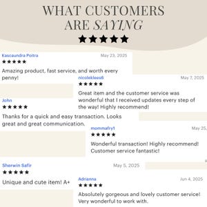 May include: Image of a customer review graphic with the text "WHAT CUSTOMERS ARE SAYING" above five black stars. Customer testimonials are displayed, including positive feedback about products and service.