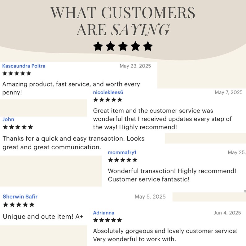 May include: Image of a customer review graphic with the text "WHAT CUSTOMERS ARE SAYING" above five black stars. Customer testimonials are displayed, including positive feedback about products and service.
