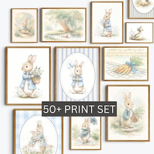 Conjunto de arte infantil de conejito de cuento vintage para jardín campestre, conejo azul, decoración de pared, estampado de bosque para habitación de bebé niño, dormitorio infantil, conjunto de Beatrix Potter