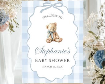 Welcome Baby Sign Shower Bear Theme Custom Poster Dusty Blue Gingham Bearly Boy Shower Board Editable Cute Teddy Entryway Decor Coed Party