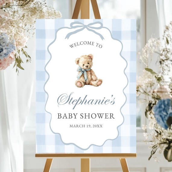 Welcome Baby Sign Shower Bear Theme Custom Poster Dusty Blue Gingham Bearly Boy Shower Board Editable Cute Teddy Entryway Decor Coed Party