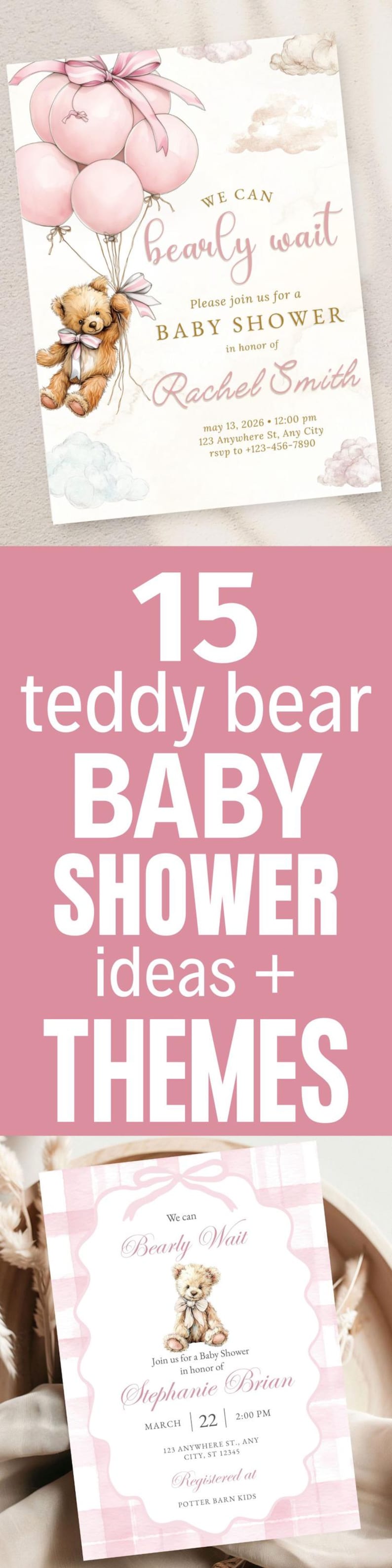 This We Can Bearly Wait baby girl shower invitation template features a pink balloon and boho teddy bear theme. This editable baby shower invite is a beautiful Canva download, perfect for creating a sweet and personalized celebration.