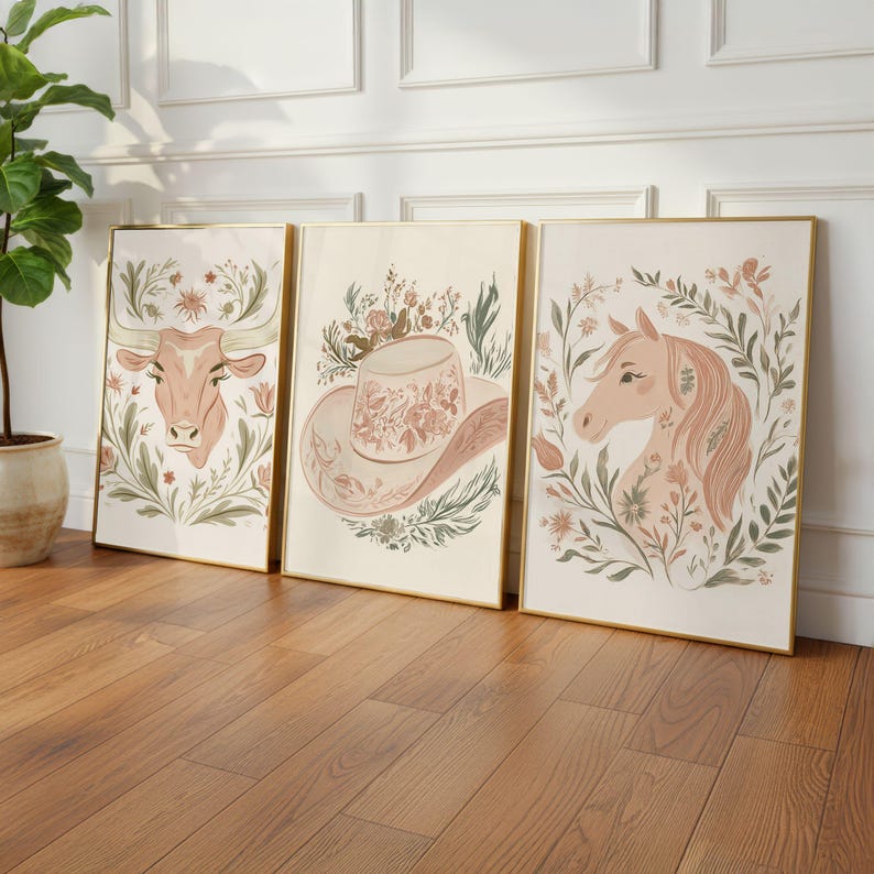 Rustic cowgirl wall decor with pink horse illustrations arranged as a digital gallery wall display.
