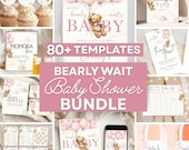 Baby Shower Girl Bundle Printable Pink Bear Invite Set Template Balloons Teddy Game Sign Collection Diaper Raffle Canva Edit Books for Baby
