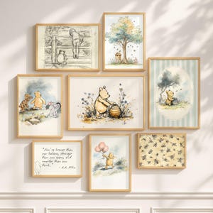 Classic Winnie-The-Pooh wall art print displayed as cozy storytime decor above a nursery bookshelf.