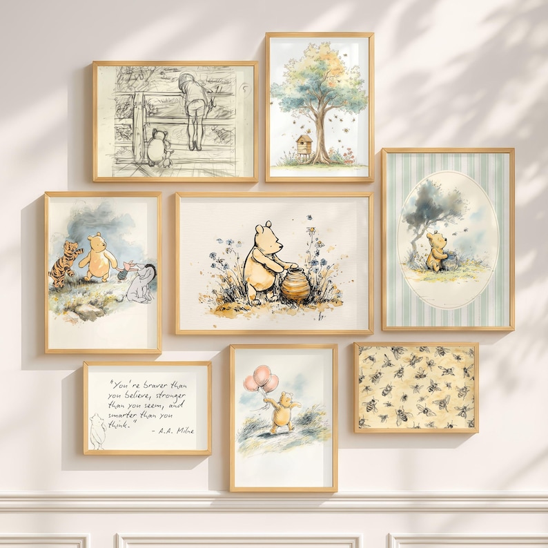 Classic Winnie-The-Pooh wall art print displayed as cozy storytime decor above a nursery bookshelf.