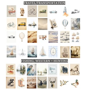 May include: A collection of watercolor illustrations featuring travel and transportation themes, including vintage cars, sailboats, hot air balloons, and a rocket ship. The artwork also includes fishing, western, and hunting scenes, such as a bear, a deer, and a cowboy.