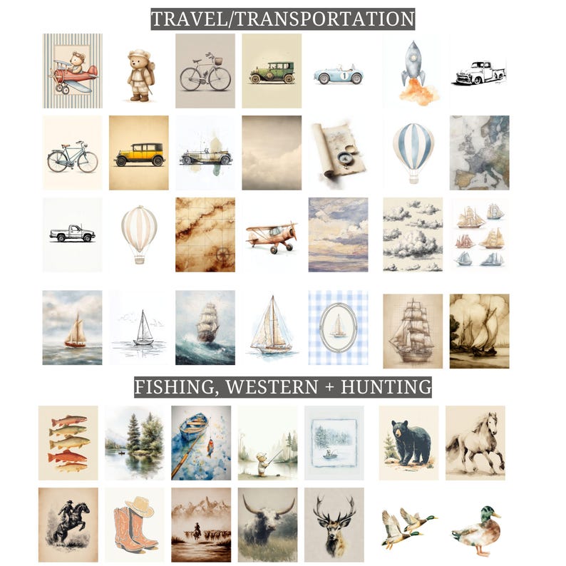 May include: A collection of watercolor illustrations featuring travel and transportation themes, including vintage cars, sailboats, hot air balloons, and a rocket ship. The artwork also includes fishing, western, and hunting scenes, such as a bear, a deer, and a cowboy.