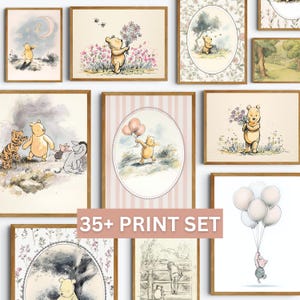 May include: A collection of framed art prints featuring illustrations of Winnie the Pooh and friends. The prints showcase scenes with Pooh, Piglet, Tigger, and Eeyore, with soft colors and whimsical designs. The text "35+ PRINT SET" is displayed.