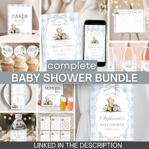 May include: A baby shower bundle with a Winnie the Pooh theme. Includes invitations, cupcake toppers, a calendar, signs, and more. The design features a blue and white gingham pattern and the text "Baby Shower Bundle".