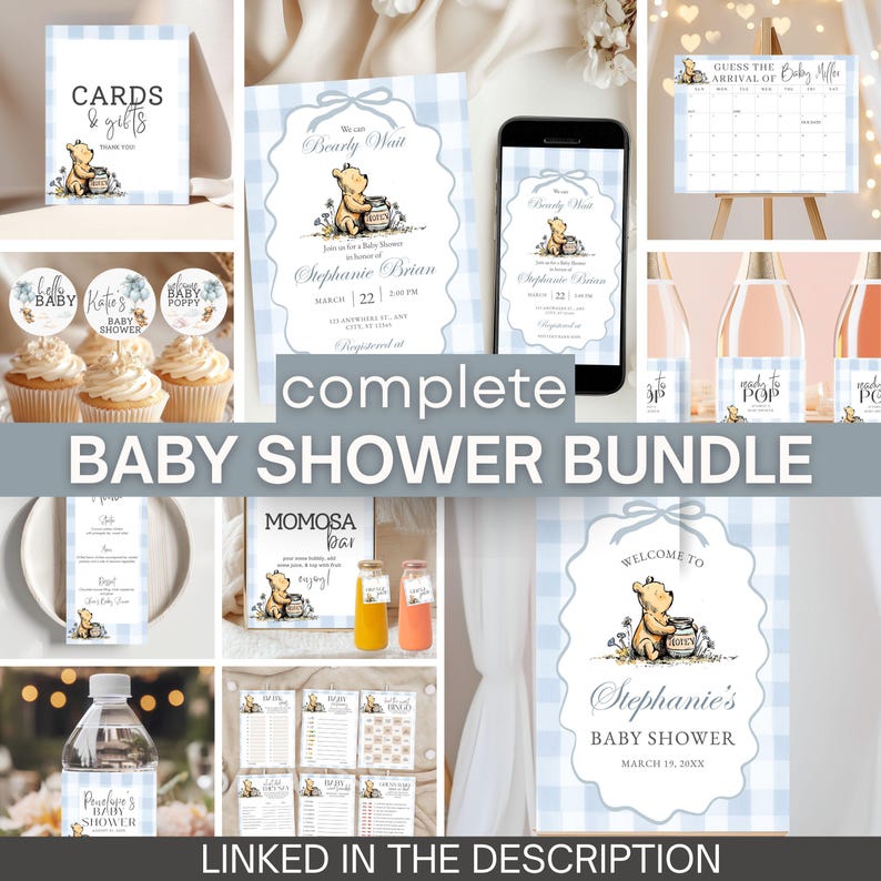 May include: A baby shower bundle with a Winnie the Pooh theme. Includes invitations, cupcake toppers, a calendar, signs, and more. The design features a blue and white gingham pattern and the text "Baby Shower Bundle".