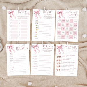 Printable Pink Bow Trivia Set in Girl Baby Shower Game Bundle, Blush Ribbon Party Bingo Collection, minimalist instant download pack