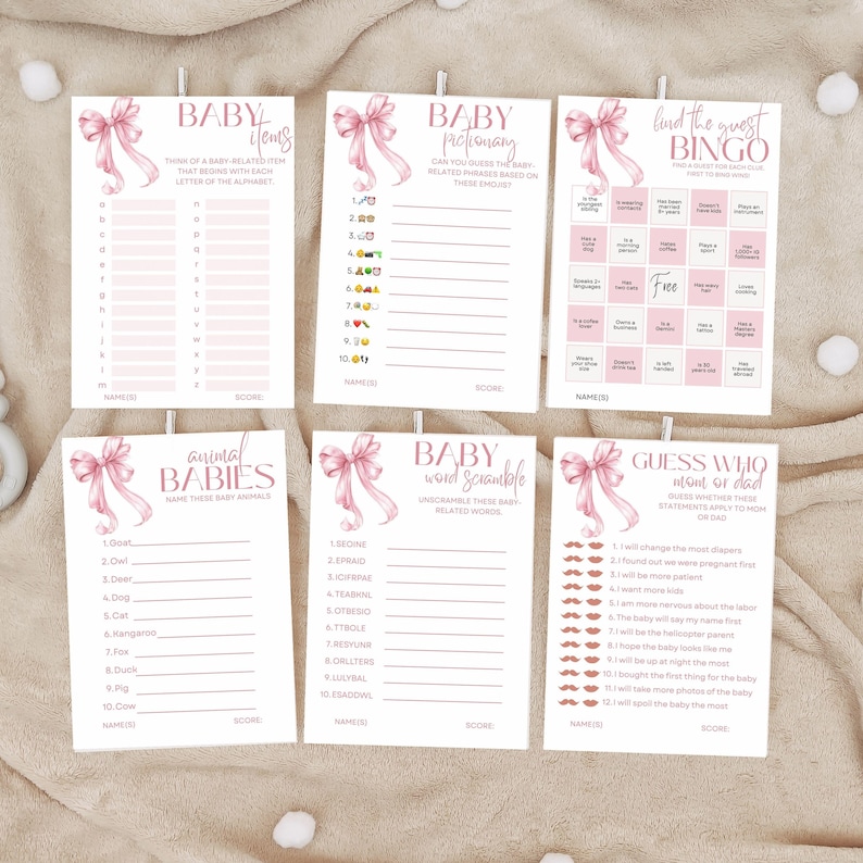 Printable Pink Bow Trivia Set in Girl Baby Shower Game Bundle, Blush Ribbon Party Bingo Collection, minimalist instant download pack