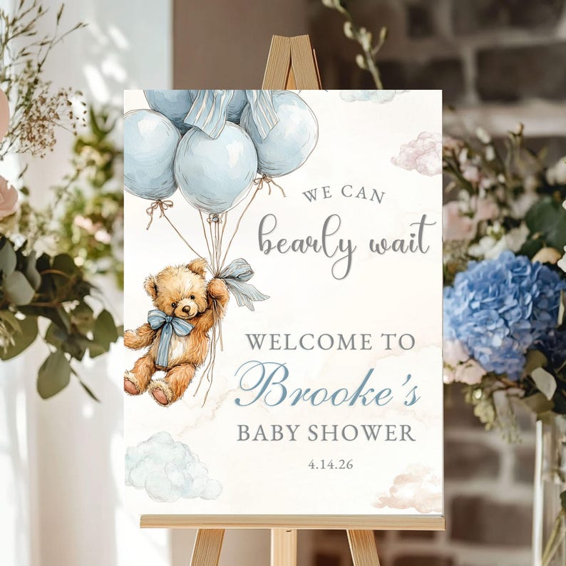 Baby Shower Welcome Sign Customize Bearly Can Wait Dusty Blue Balloons