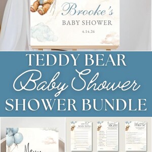 This bearly baby shower bundle is printable and features a Bearly Wait shower bundle in dusty blue tones. The balloon teddy bear boy shower set includes a boho invitation and editable game bundle for a coordinated celebration.