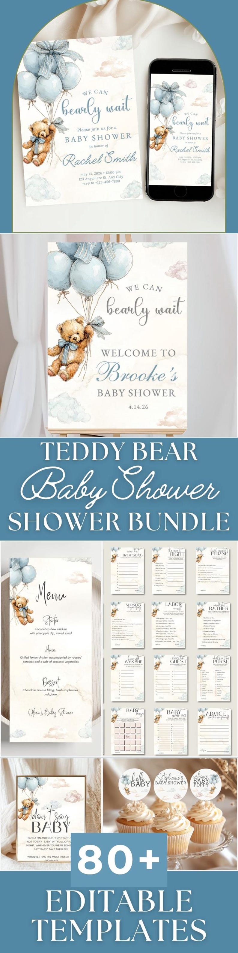 This bearly baby shower bundle is printable and features a Bearly Wait shower bundle in dusty blue tones. The balloon teddy bear boy shower set includes a boho invitation and editable game bundle for a coordinated celebration.