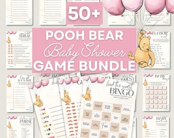 Pooh Game Bundle Baby Shower Downloadable Template Guess Activity Sign/Game Pack Classic Winnie Pooh Bear Pink Girl Balloons Digital Bingo