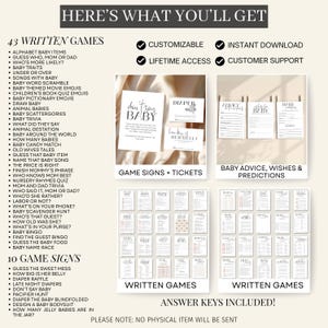 May include: A digital baby shower pack with 43 written games, 10 game signs, and advice cards. The image shows game titles like "Guess Who, Mom or Dad?" and "Don't Say Baby." The text indicates the product is customizable and offers lifetime access.