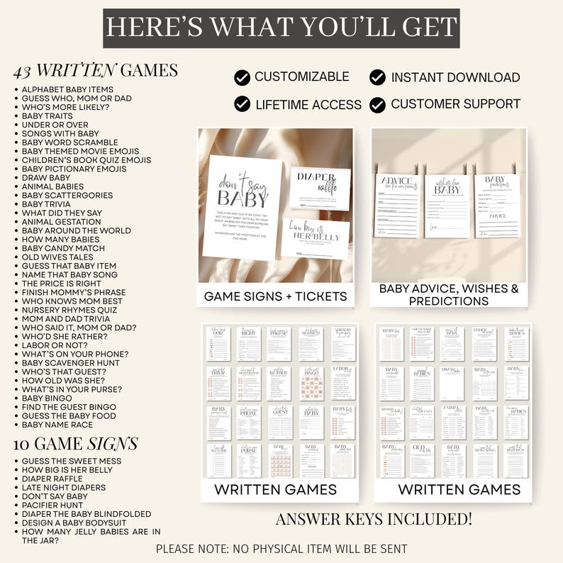 May include: A digital baby shower pack with 43 written games, 10 game signs, and advice cards. The image shows game titles like "Guess Who, Mom or Dad?" and "Don't Say Baby." The text indicates the product is customizable and offers lifetime access.