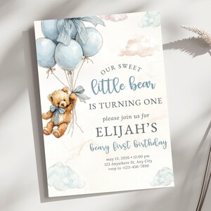 Turning one birthday invitation for a baby boy with a classic little bear illustration, displayed as an editable PDF digital download.