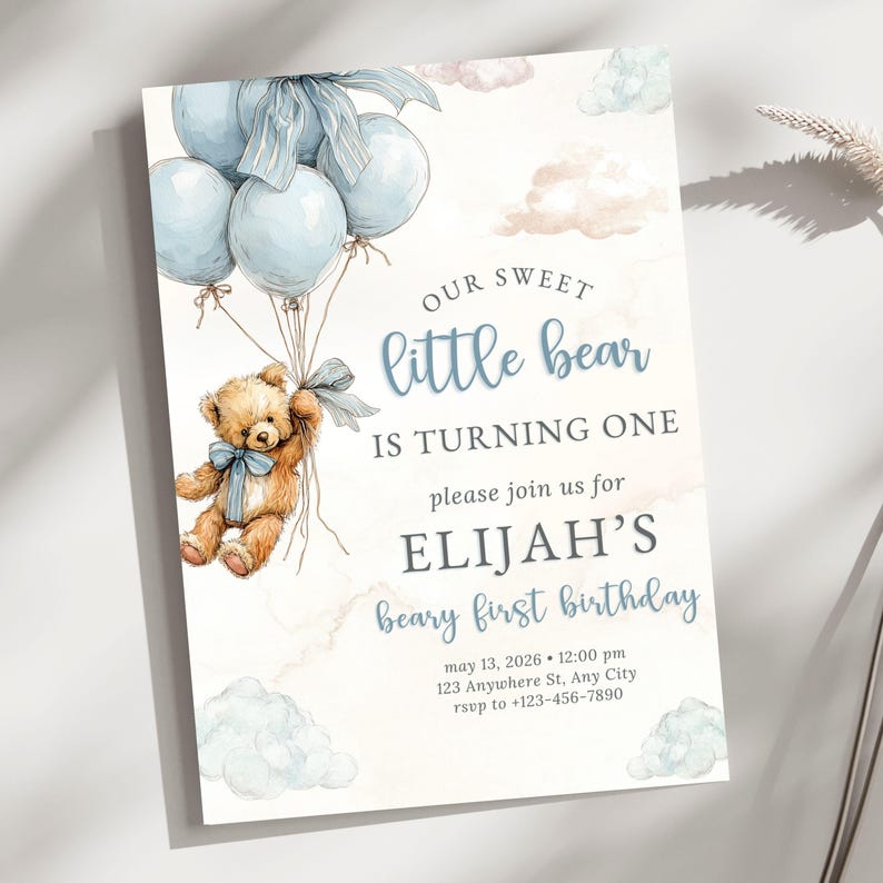 Turning one birthday invitation for a baby boy with a classic little bear illustration, displayed as an editable PDF digital download.