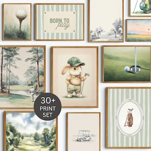Peut inclure: Une collection d'estampes encadrées à l'aquarelle sur le thème du golf. Les estampes présentent des parcours de golf, une balle de golf sur un tee, un lapin golfeur et le texte "BORN TO play". Les estampes sont dans les tons de vert, de marron et de beige.