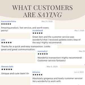 May include: A beige graphic with the text "WHAT CUSTOMERS ARE SAYING" in a decorative font. Below are customer reviews with star ratings and dates, praising the product and customer service.