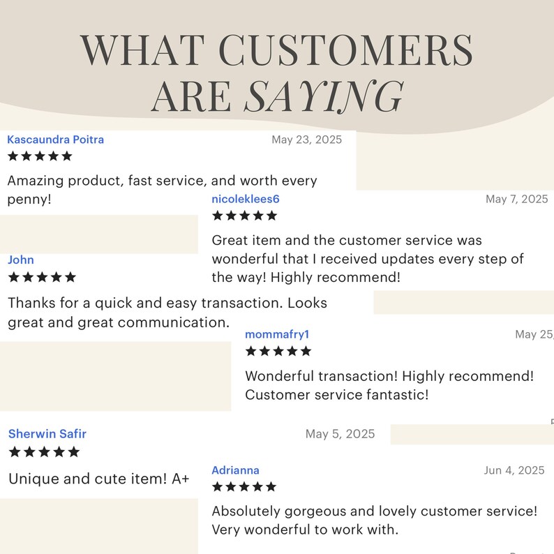 May include: A beige graphic with the text "WHAT CUSTOMERS ARE SAYING" in a decorative font. Below are customer reviews with star ratings and dates, praising the product and customer service.