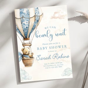 Invite Template Download Baby Boy Shower Invitation Blue Toile Hot Air Balloon Bearly Wait Theme Party EInvite PDF
