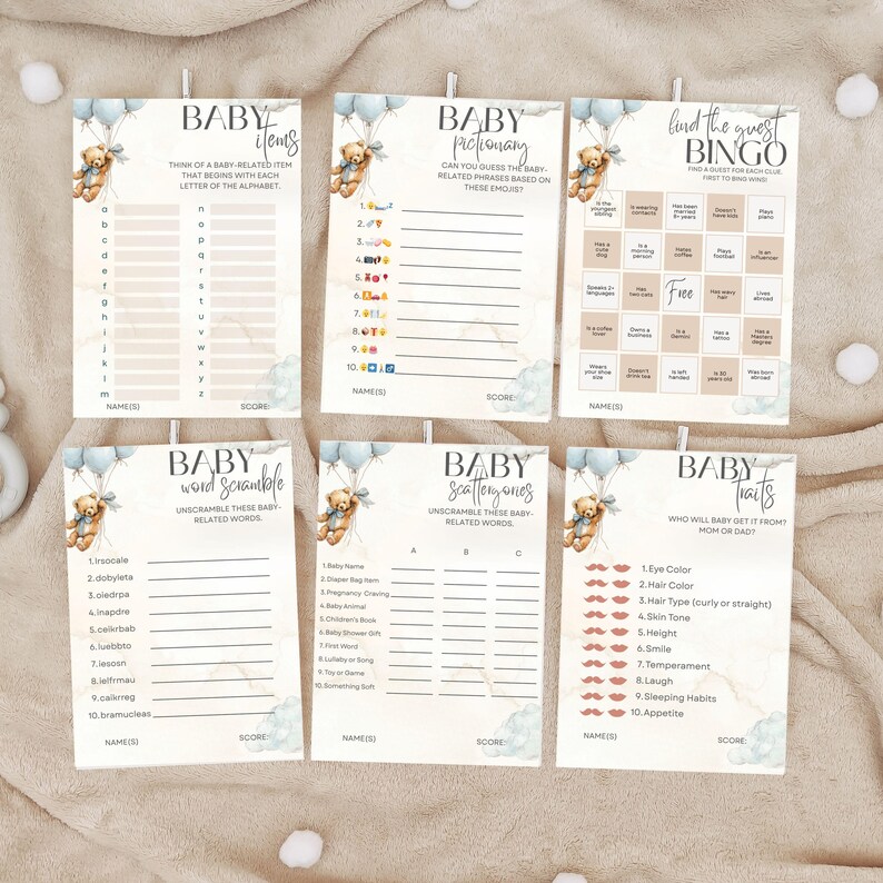 Blue Bear Baby Shower Game Bundle Printable Baby Trivia Boy Shower Game ...