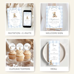 May include: A collection of baby shower stationery items, including invitations, an e-invite, a welcome sign, cupcake toppers, and a menu. Each item features a teddy bear illustration and a light blue gingham pattern. The invitation includes the text "Stephanie's Baby Shower".