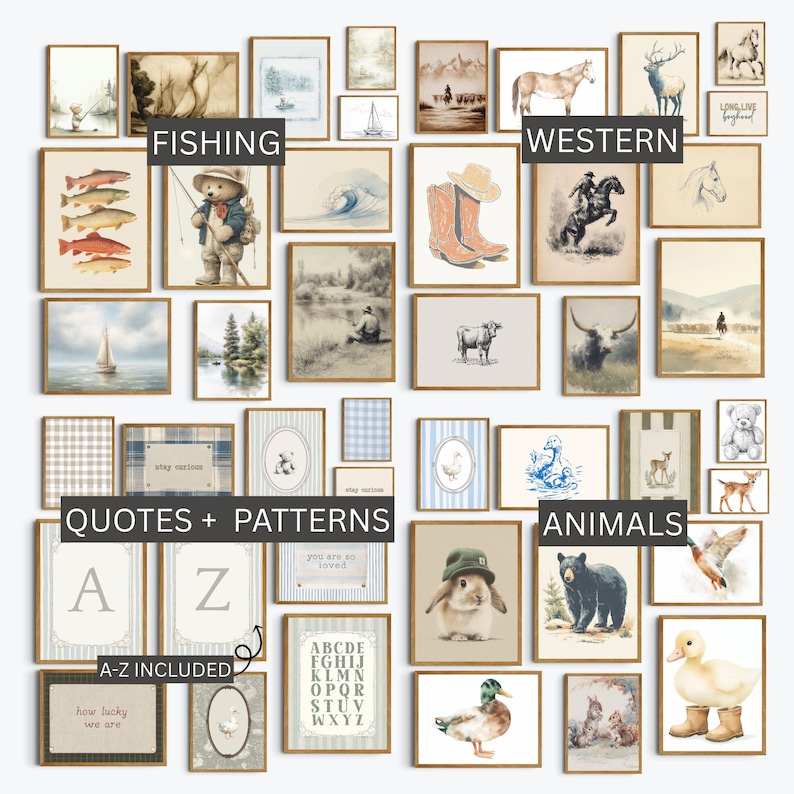 May include: A collection of framed art prints with various themes, including fishing, western, animals, and quotes. The prints feature illustrations of fish, cowboys, bears, ducks, and patterns. The frames are brown.