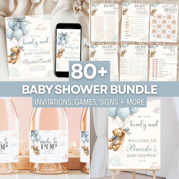 Bearly Baby Shower Bundle Printable Bearly Wait Shower Bundle Dusty Blue Balloon Teddy Bear Boy Shower Set Boho Invitation Edit Game Bundle
