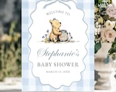 Winnie Pooh Welcome Sign Baby Boy Shower Downloadable Entry Decoration Front Lawn Signage Blue Plaid Pooh Bear Template Bearly Wait Gingham