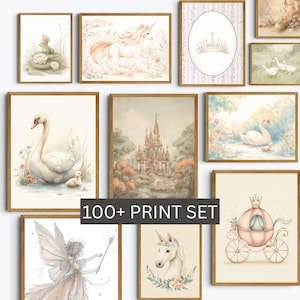 Whimsical wall art collection download styled with a vintage enchanted castle painting and magical unicorn prints in a girl room