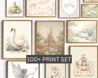 May include: A collection of framed watercolor prints featuring fairytale themes. Images include a swan with a cygnet, a unicorn, a castle, a fairy, and a carriage. The text "100+ PRINT SET" is displayed.