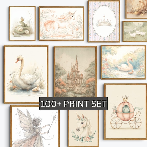 Whimsical Wall Art Collection Download Vintage Enchanted Castle Painting Magical Unicorn Print Set Little Girl Room Decor Pink Fairy Crown